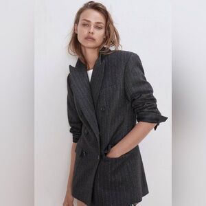 Zara Double Breasted Gray Pinstripe Wool-Blend Blazer Menswear Inspired Jacket